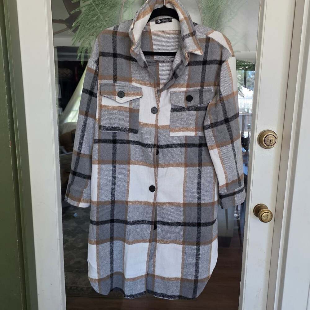 PRETTYGARDEN Plaid Long Shacket Size S Grey Brown